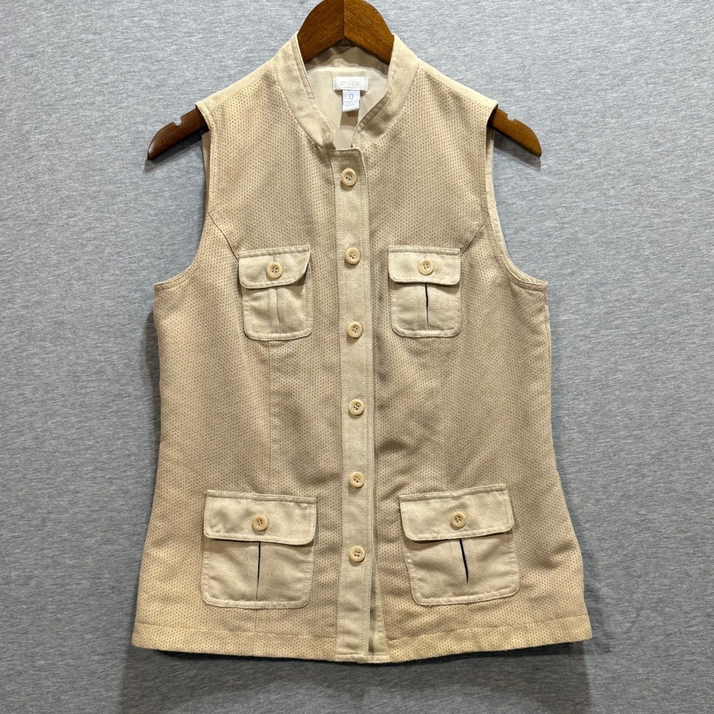 Chico's Perforated Faux Suede Vest Womens‎ Size 0 Tan Beige Button Front Utility